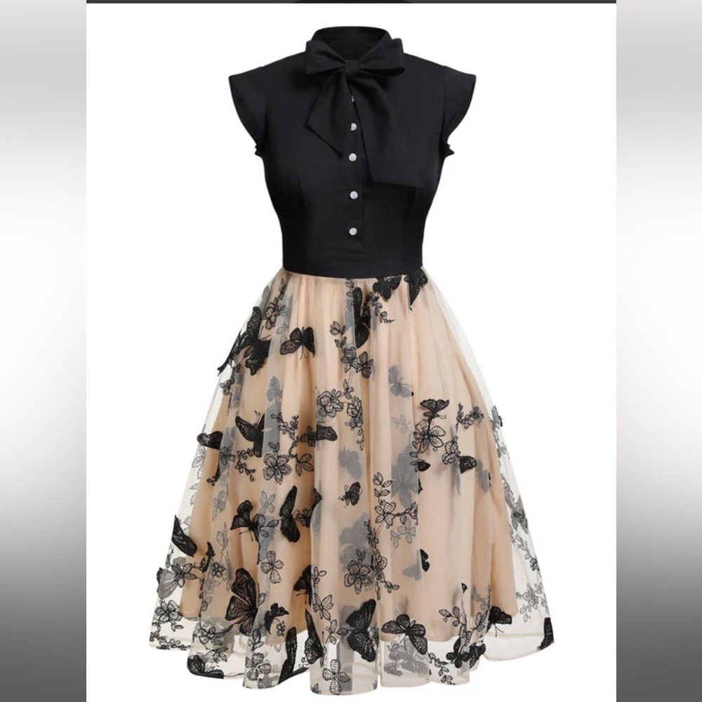 Retro Stage Black and Cream Vintage 1950's Butterfly Patchwork Dress